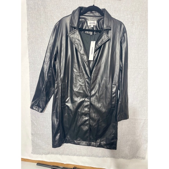 Vigoss Black Faux Leather Coat Women's Long Button Up Jacket Size L Blazer - Picture 2 of 12